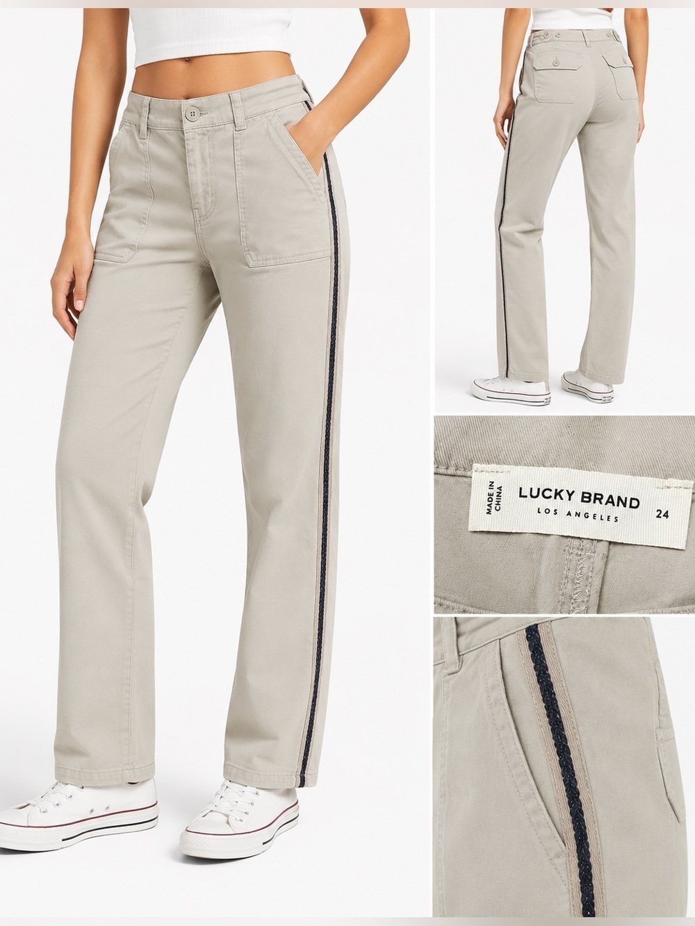 Lucky Brand Khaki Straight Leg Pants Side Trim Size 24